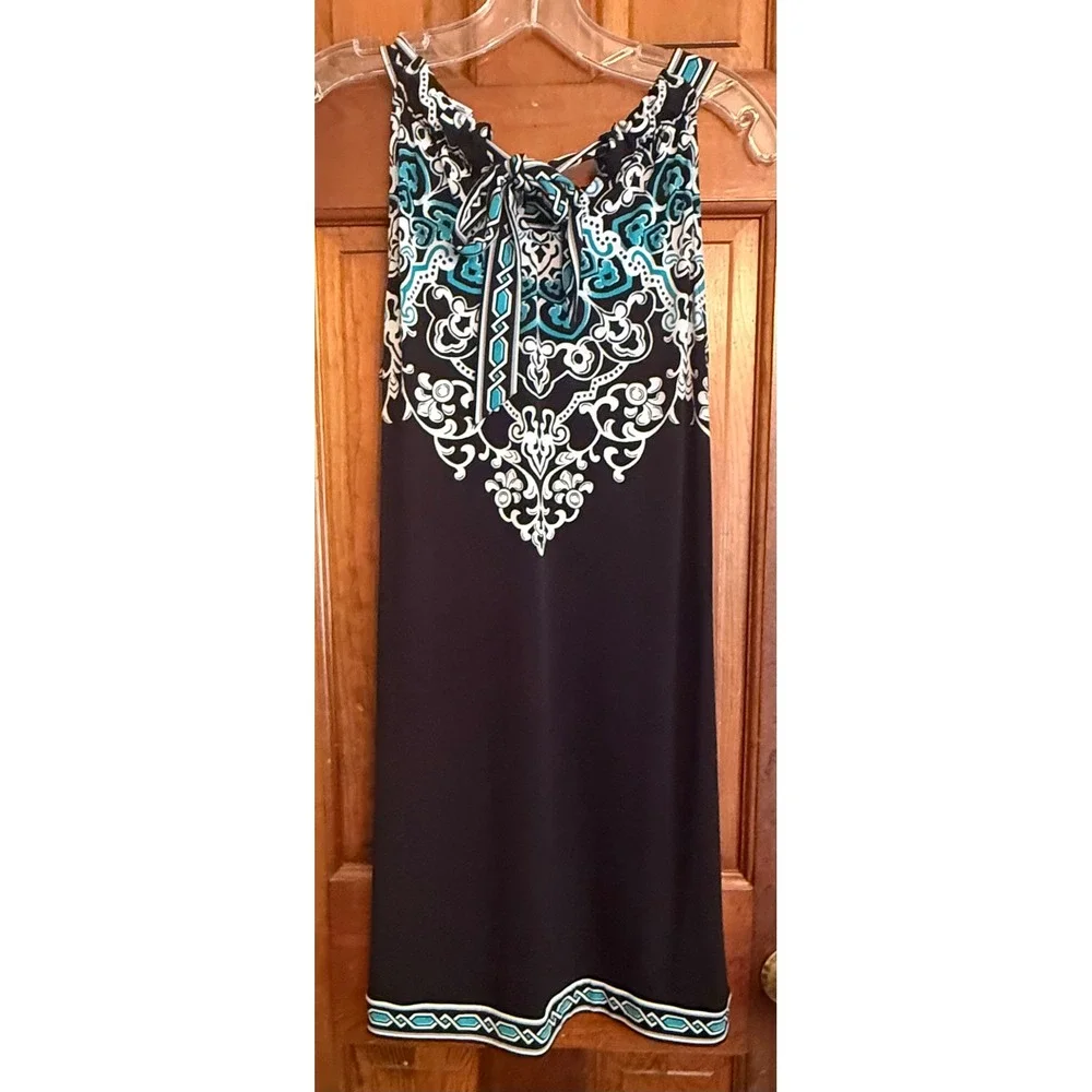 White House Black Market Medallion Print Halter Dress‎ Teal Black White Medium